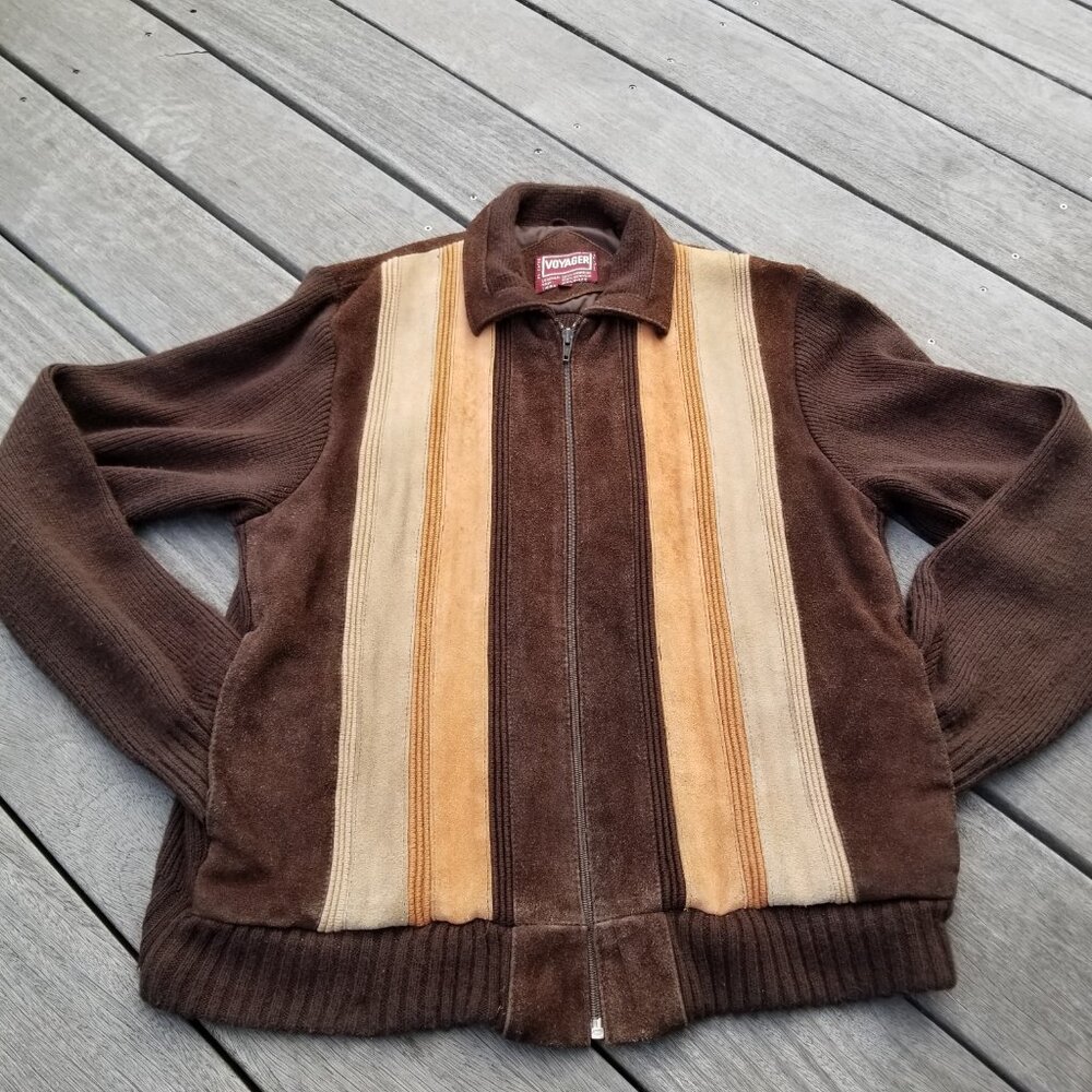 Vintage 70s Suede Leather Sweater Jacket Mens Medium Brown Orange Retro Stripe